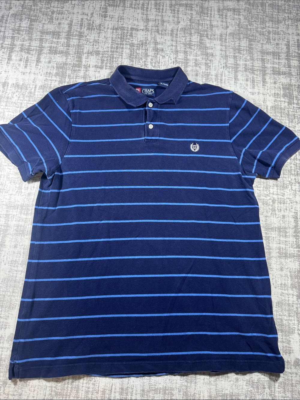 Chaps Menās Navy and Light Blue Striped Polo sz XL 28X22 PTP